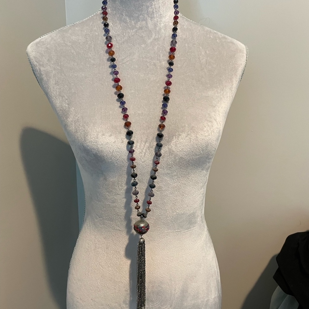 Silver necklace with jeweled beads